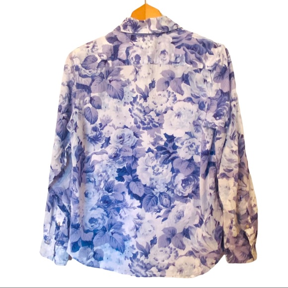 LRL 90’s button down cotton blue and white  floral shirt. Double front pockets - Picture 3 of 7